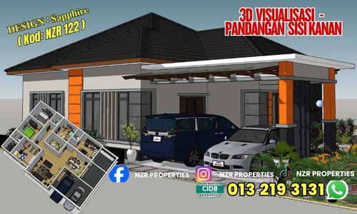 Visualisasi 3D pandangan sisi kanan bersama pelan susun atur rumah Sapphire NZR122.