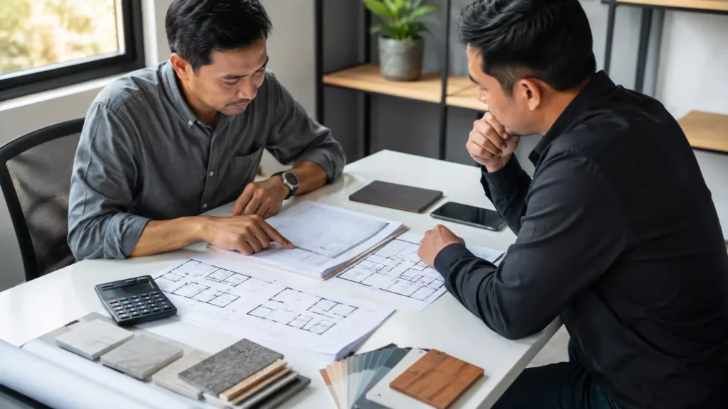Pemilik rumah menyemak quotation pembinaan rumah bersama kontraktor