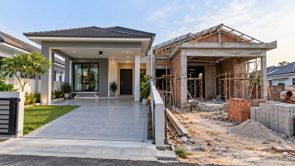 Perbandingan rumah yang sedang dibina dengan rumah kediaman moden yang telah siap