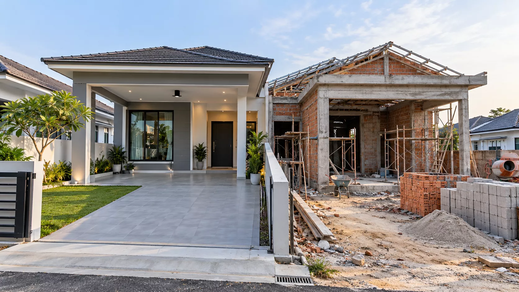 Perbandingan rumah yang sedang dibina dengan rumah kediaman moden yang telah siap