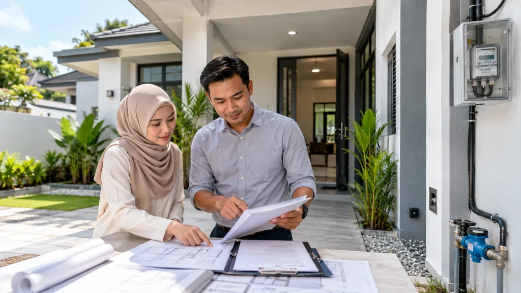 CCC rumah: pemilik menyemak dokumen, meter utiliti dan pelan sebelum masuk rumah baharu.
