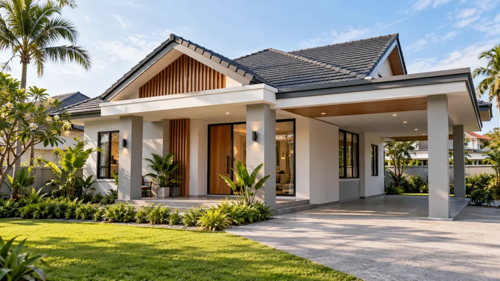 Fasad rumah setingkat design rumah moden minimalis Malaysia dengan bumbung gelap, kemasan putih dan landskap tropika