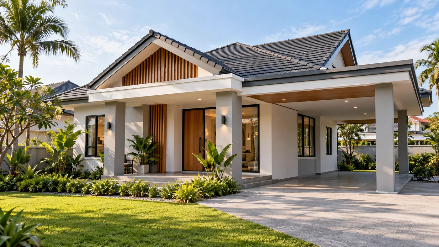 Fasad rumah setingkat design rumah moden minimalis Malaysia dengan bumbung gelap, kemasan putih dan landskap tropika