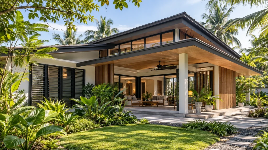 Design rumah tropika moden dengan bumbung lebar, tingkap teduh, pengudaraan semula jadi dan taman hijau.