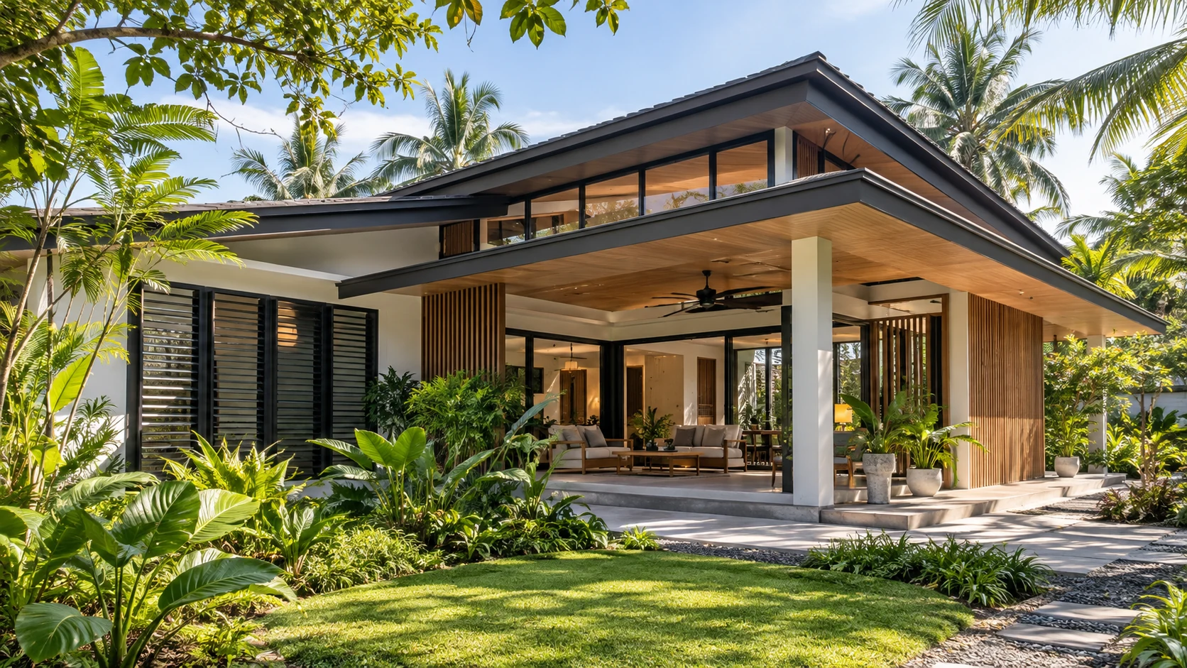 Design rumah tropika moden dengan bumbung lebar, tingkap teduh, pengudaraan semula jadi dan taman hijau.
