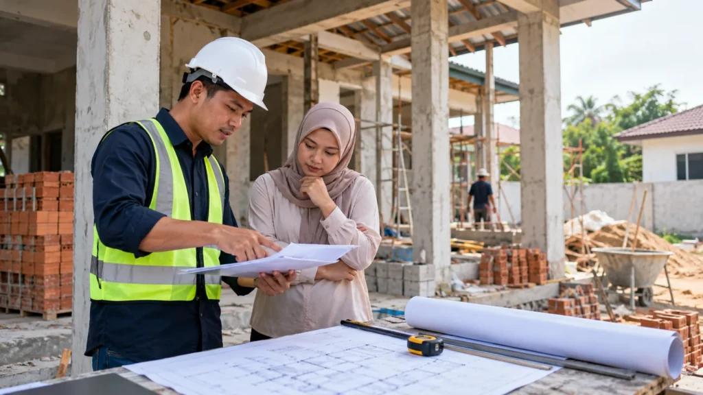 Pemilik rumah dan wakil tapak menyemak pelan pembinaan & jadual bayaran kontraktor bina rumah di tapak rumah yang belum siap