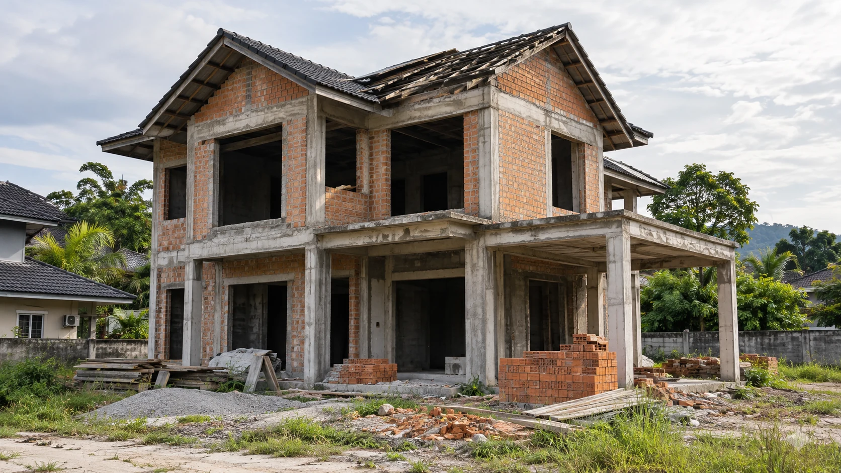 Kontraktor tipu bina rumah: contoh tapak rumah belum siap dengan kerja binaan yang terhenti.