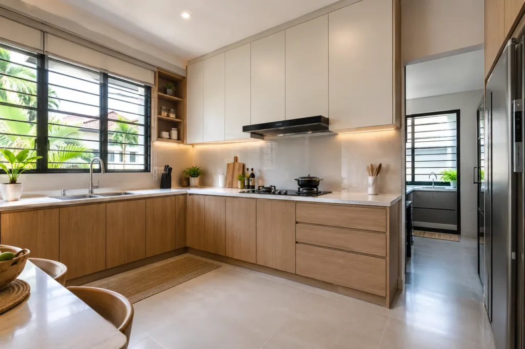 Kabinet dapur moden dengan kos kabinet dapur bawah kemasan kayu, kabinet atas putih dan kaunter kerja cerah