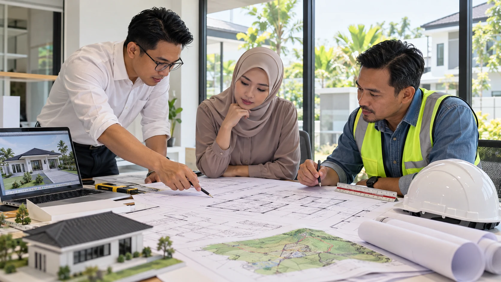 Perlu arkitek untuk bina rumah: pasukan profesional menyemak pelan seni bina, tapak dan struktur kediaman.